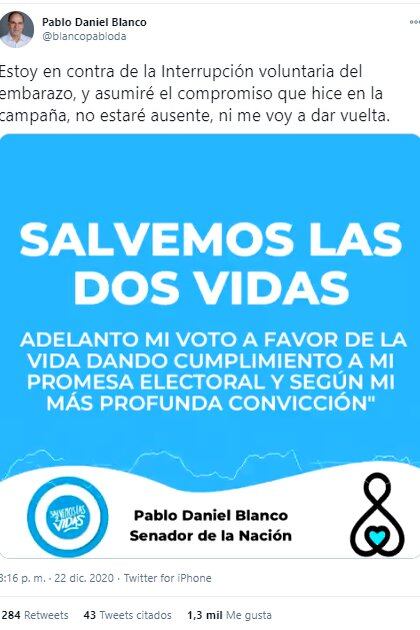 El senador Pablo Blanco, de Tierra del Fuego, anticipó que votará en contra