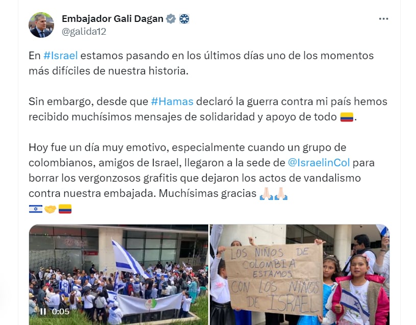 El embajador de Israel en Colombia agradeció a los colombianos por su apoyo - crédito @Galida12/X