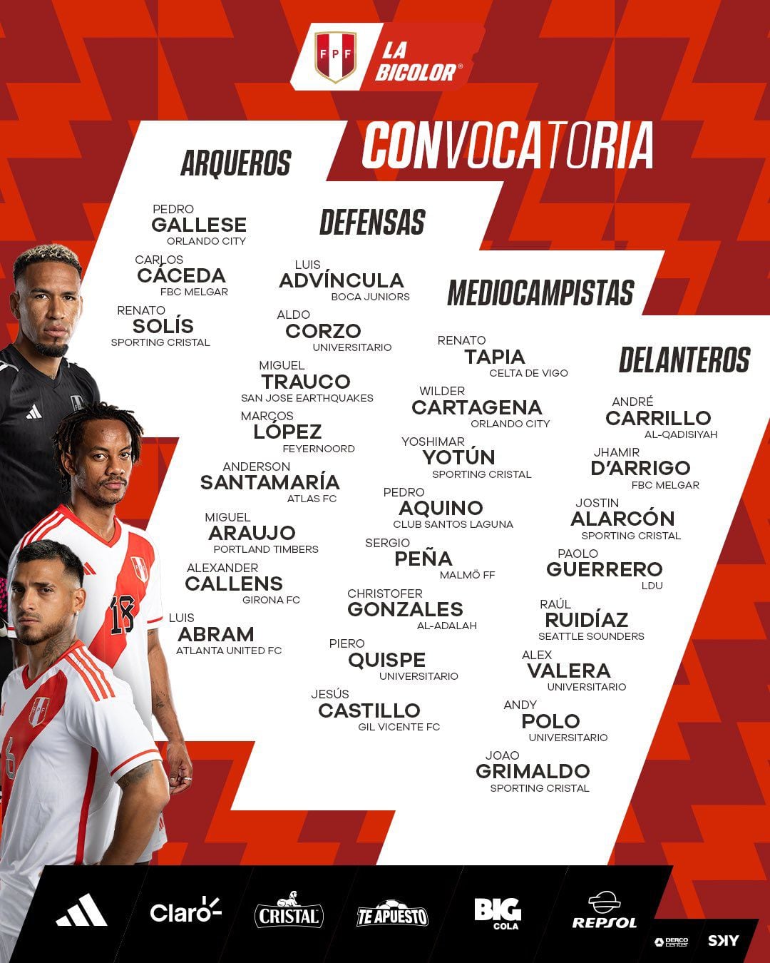 List of those called up for the Peruvian team for the 2026 Qualifiers