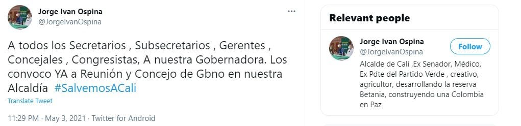 Anuncio en Twitter del alcalde de Cali, Jorge Iván Ospina, convocando consejo extraordinario de Gobierno