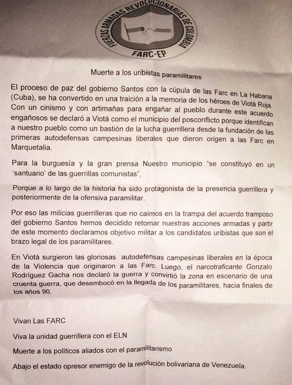 El panfleto firmado por las FARC