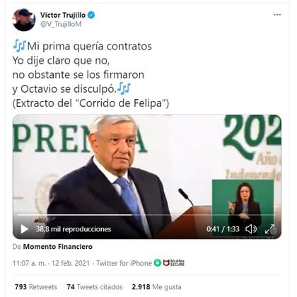 Tuit de Brozo donde escribió "El Corrido de Felipa
(Foto: Captura de pantalla de Twitter @V_TrujilloM)