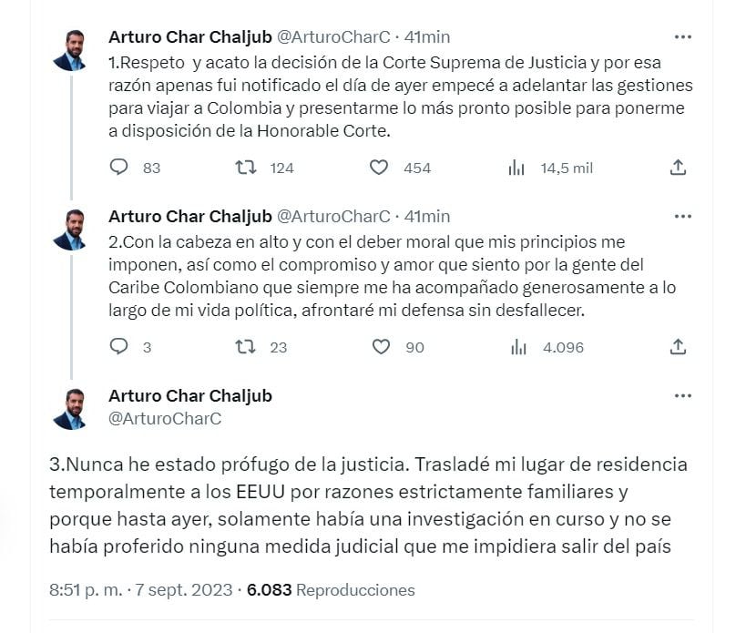 Con un hilo en la red social X (Twitter), el exsenador de Cambio Radical Arturo Char aclaró que no es un prófugo de la justicia, por lo que aterrizó en el país para quedar a disposición de la Corte Suprema - crédito @ArturoCharC/X