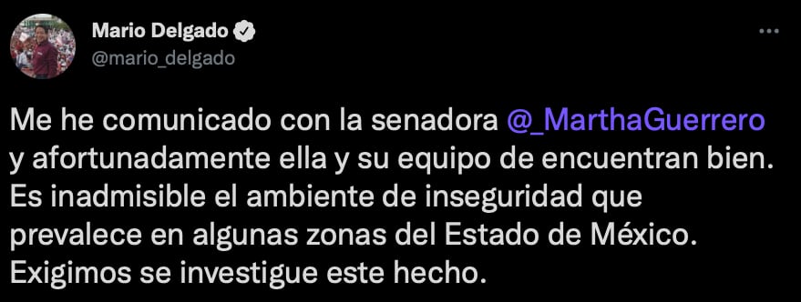 El presidente de Morena pidió al gobierno del Estado de México que investigue la situación (Foto: Twitter/@mario_delgado)