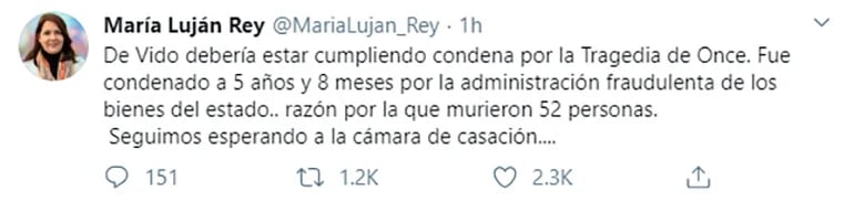 El tuit de la diputada nacional María Luján Rey