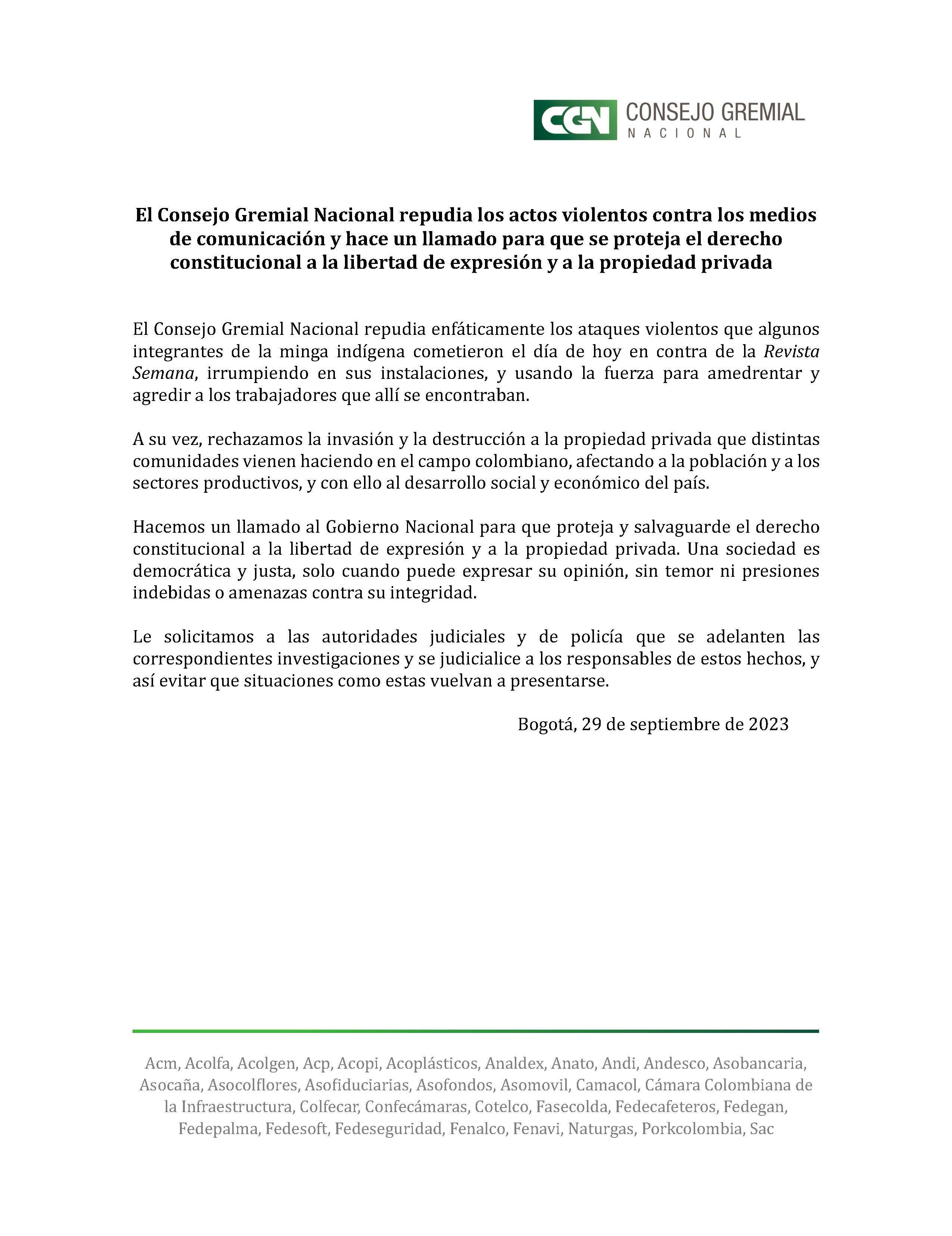 El Consejo Gremial rechazó los ataques a la revista Semana y la invasión a las oficinas en Bogotá - crédito Consejo Gremial