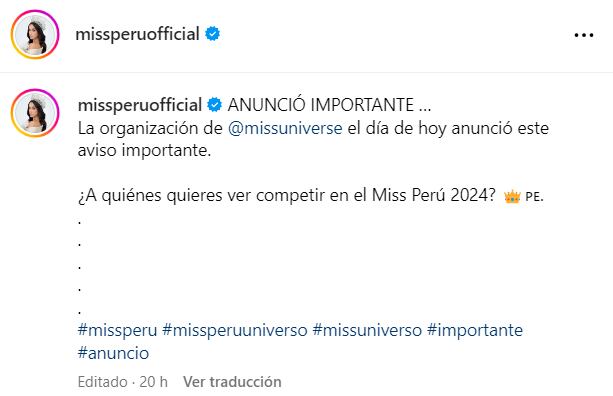 Publicación de Miss Perú sobre cambios en Miss Universo. | captura/Instagram