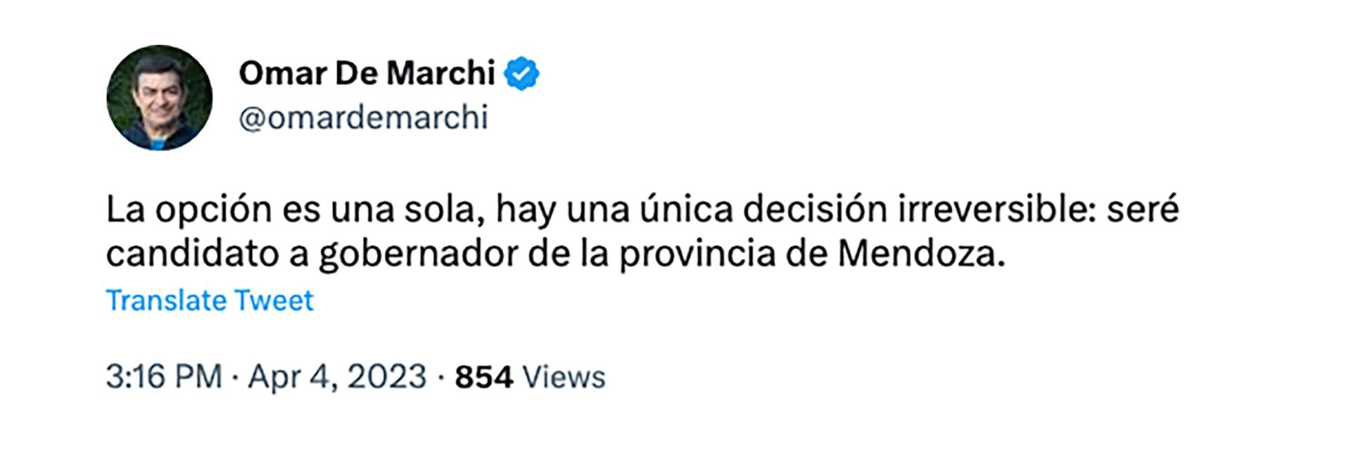 Omar De Marchi anunció que será candidato a gobernador de Mendoza