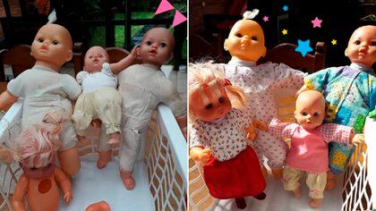 Un antes y después de cómo llegan las muñecas y cómo quedan después de la intervención que les hacen en el "Hospital de los juguetes" (Foto / @hospitaldelosjuguetes.mnes)