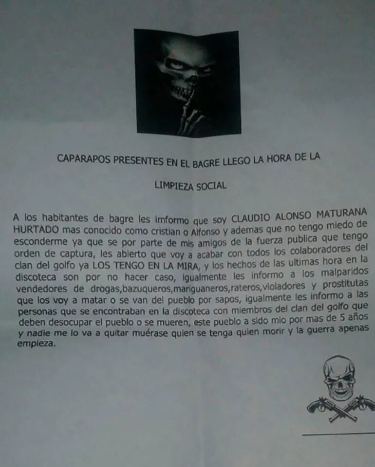 Panfleto de amenazas de Los Caparrapos contra la población civil.