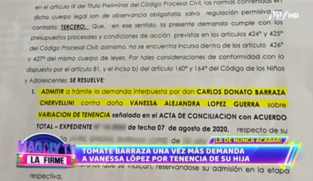 El Poder Judicial admitió a trámite la demanda interpuesta por Carlos 'Tomate' Barraza contra Vanessa López.