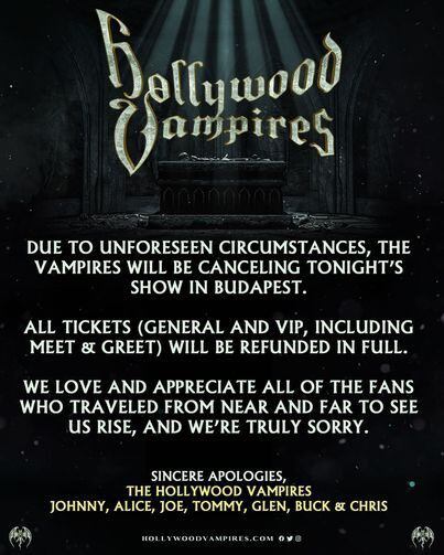 Hollywood Vampires tuvo que cancelar su presentación en Budapest una hora antes del show