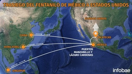 La ruta del fentanilo de México a Estados Unidos proviene desde Asia con los precursores químicos (Mapa: Infobae)