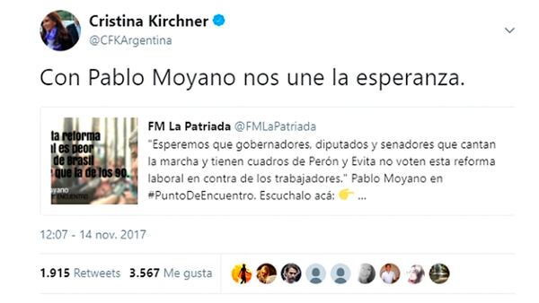 En noviembre del año pasado, la ex presidenta tendió un puente a Pablo Moyano desde su cuenta de Twitter