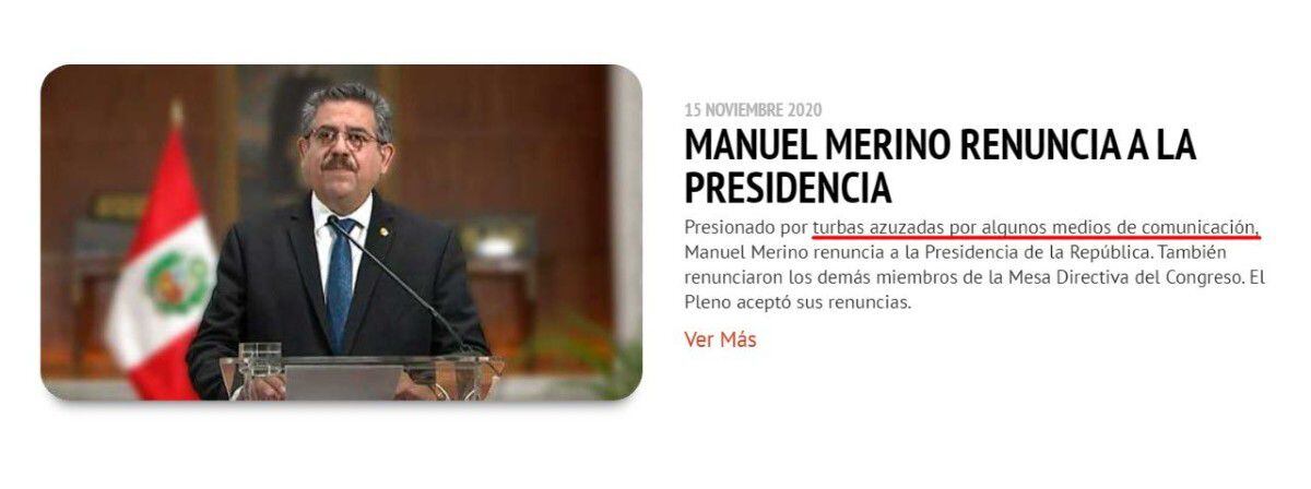 Manuel Merino y su renuncia a la presidencia fue el centro de la polémica en una publicación del Congreso de la República. (Twitter)