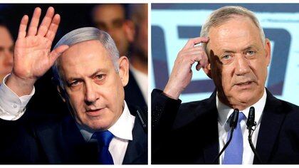 El primer ministro israelí Benjamin Netanyahu y el líder del partido Azul y Blanco Benny Gantz. La coalición de gobierno formada entre estos duros rivales políticos no prosperó (REUTERS/Nir Elias, Amir Cohen)