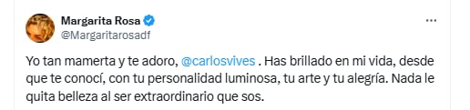 La actriz compartió su apoyo para con el cantante Carlos Vives - crédito @Margaritarosadf7X