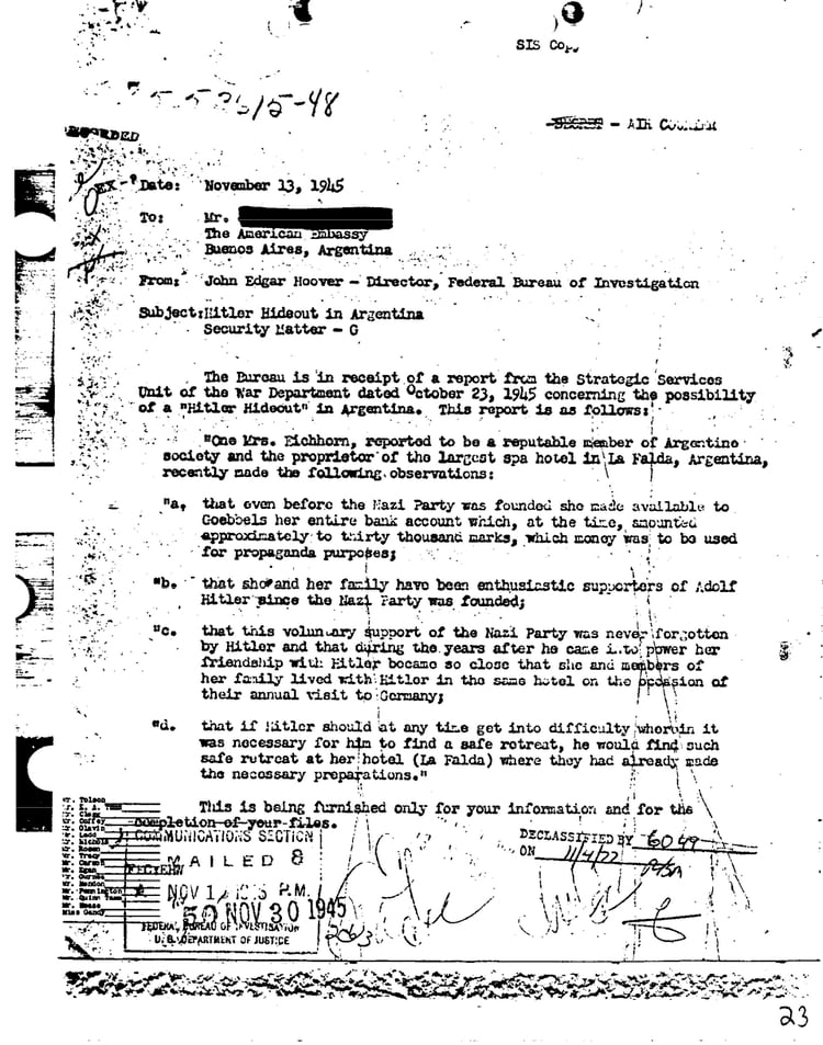 El informe redactado por el propio John Hoover sobre la relación de Hitler con un matrimonio alemán asentado en La Falda y el posible refugio del líder Nazi en esa ciudad cordobesa