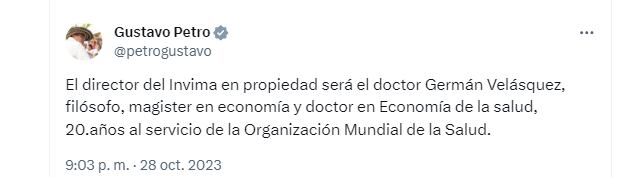 El presidente Petro finalmente designó al que será el nuevo director del Invima, luego de meses de encargo - crédito @petrogustavo/X