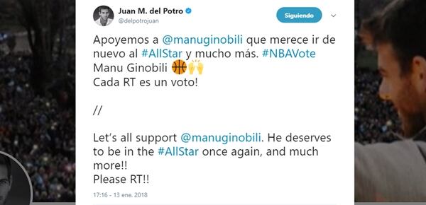 Juan Martín del Potro fue otro de los deportista que respaldó la presencia de Manu Ginóbili