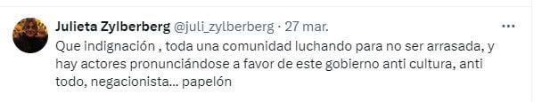 Julieta Zylberberg disparó contra Guillermo Francella por su defensa a Javier Milei (Twitter)
