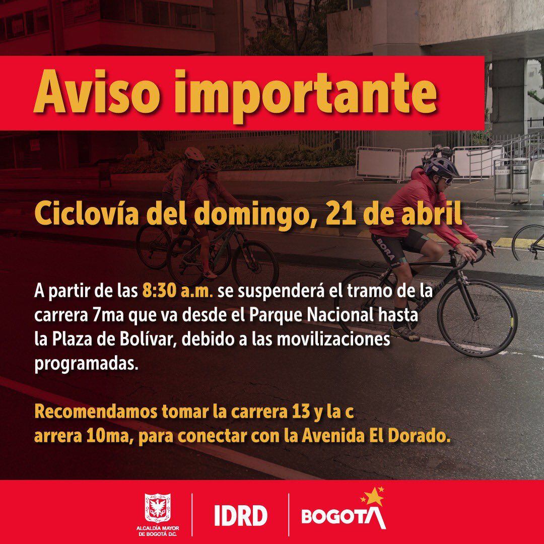 Cierre en la ciclovía por marchas en Bogotá - crédito Idrd