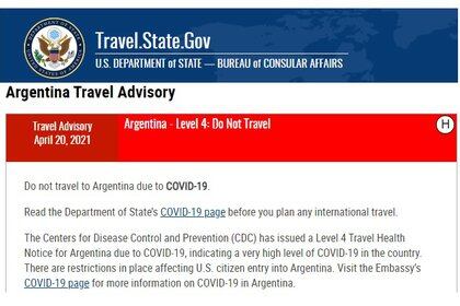 La ficha de recomendación de No Viajar a Argentina, que ya estaba en esta categoría desde el año pasado