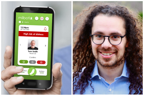 On the left, the screen that caregivers will see in the Milbotix application. Right: Dr. Zeke Steer, founder and CEO of Milbotix (Photo: University of Bristol)