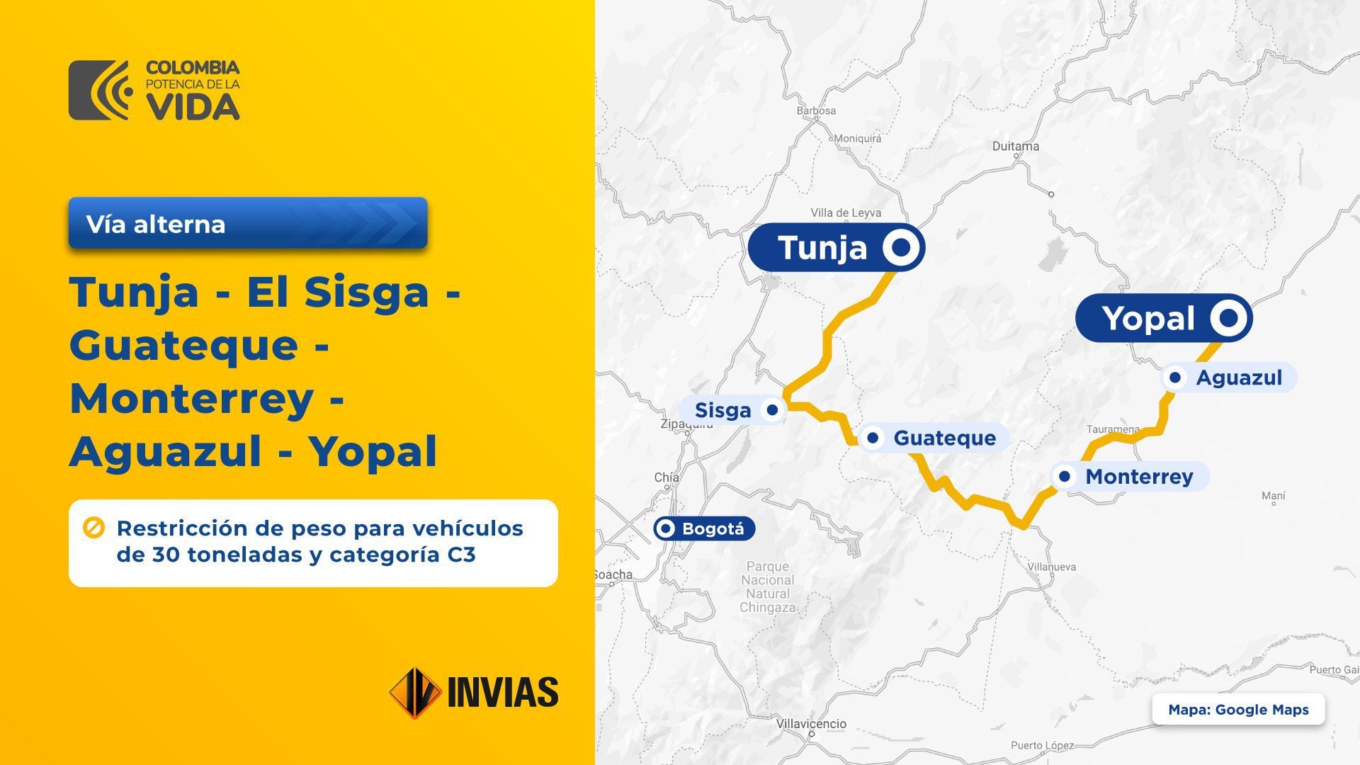 La Ruta 1 comprende desde Tunja - El Sisga - Guateque - Monterrey - Aguazul - Yopal, diseñada exclusivamente para vehículos de máximo tres ejes y con un límite de 30 toneladas - crédito @InviasOficial/X