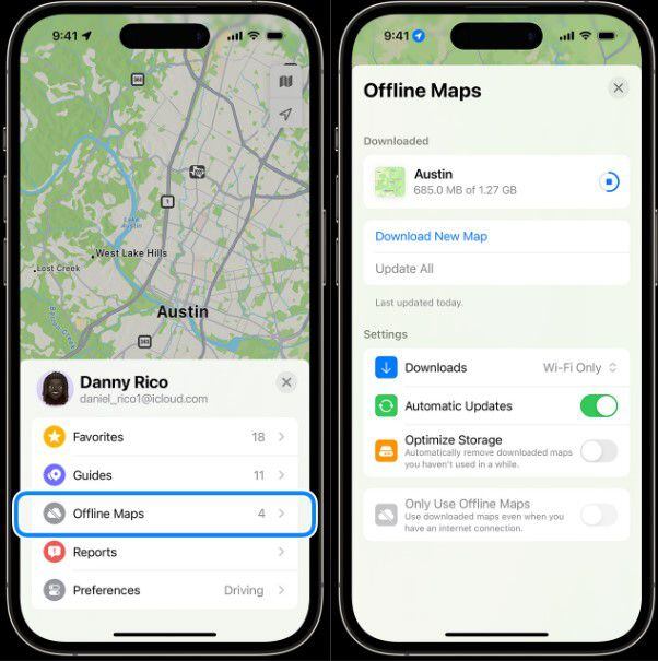 iOS 17 permite descargar mapas de áreas geográficas completas para navegar sin necesidad de acceder a internet. (Apple)