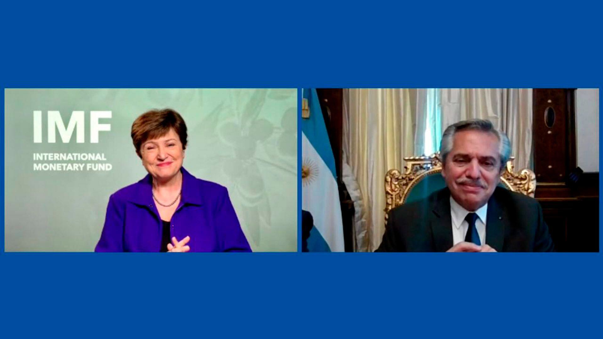 Alberto Fernández y Kristalina Georgieva durante la videoconferencia realizada para analizar la negociación con el FMI y la situación económica global