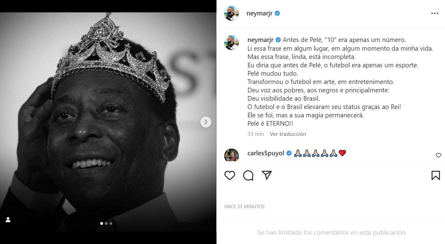 Publicación de Neymar tras fallecimiento de Pelé