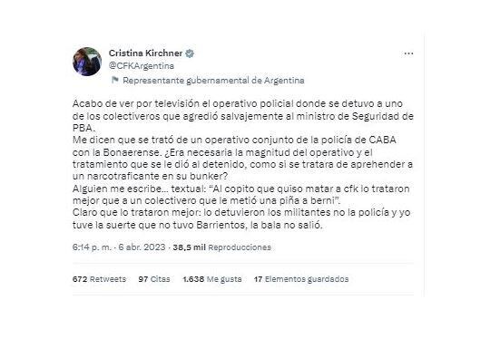 Cristina Kirchner habló sobre el operativo que terminó con la detención de uno de los choferes que habría agredido a Sergio Berni