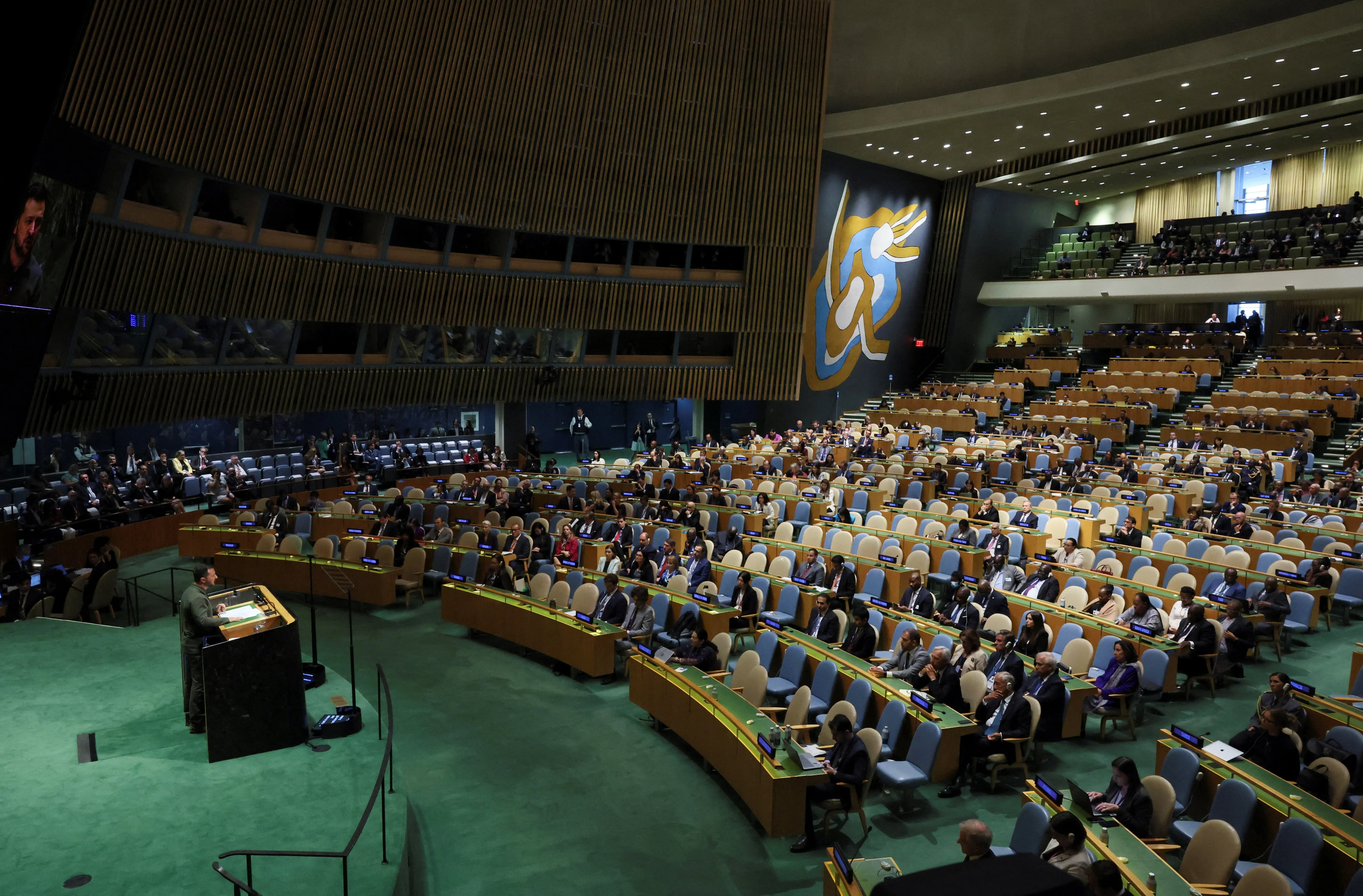 Ukraine's President Volodymyr Zelenskiy addresses the 78th Session of the U.N. General Assembly in New York City, U.S., September 19, 2023.  REUTERS/Brendan McDermid