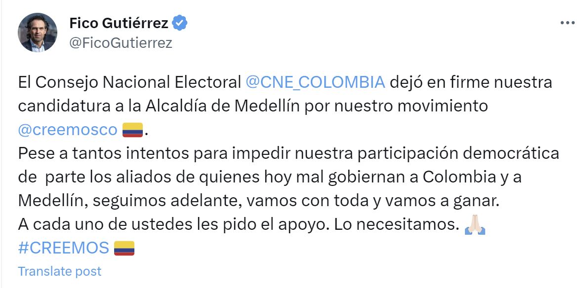 El candidato a la Alcaldía de Medellín Federico Gutiérrez celebró la decisión del CNE frente a la solicitud de nulidad de su candidatura - crédito Federico Gutiérrez/X