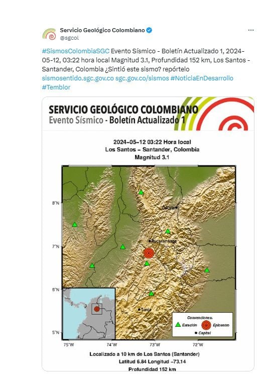 Reporte del temblor en Los Santos (Santander) del domingo 12 de mayo. (Crédito: @sgcol / X)