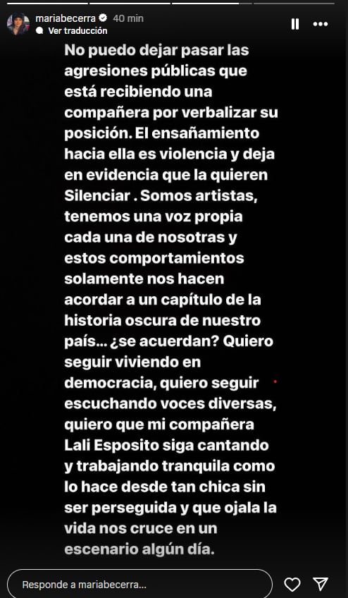 El fuerte mensaje de apoyo de María Becerra a Lali Espósito tras las críticas del Presidente Milei (Instagram)