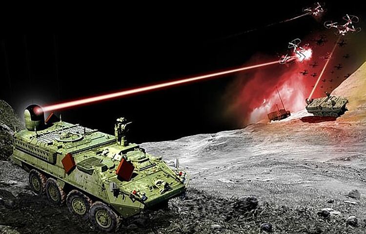 Diseño de la compañía Northrop Grumman que muestra el arma láser montada sobre un vehículo blindado Stryker (Northrop Grumman)