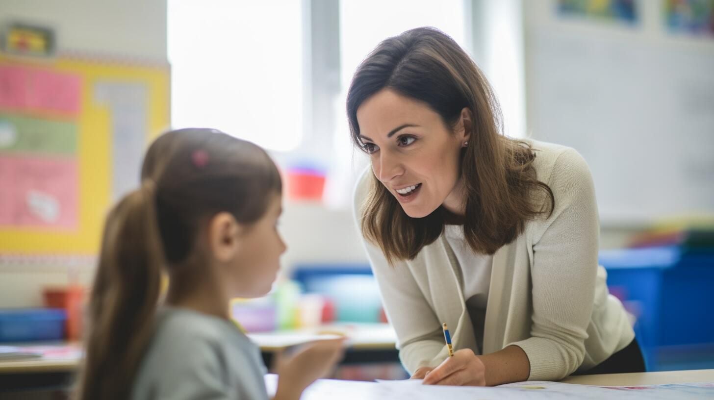 Imagen que representa una maestra enseñando a una niña en un aula escolar, destacando la conexión educativa entre ambos. La educación es esencial para el desarrollo infantil. (Imagen ilustrativa Infobae)