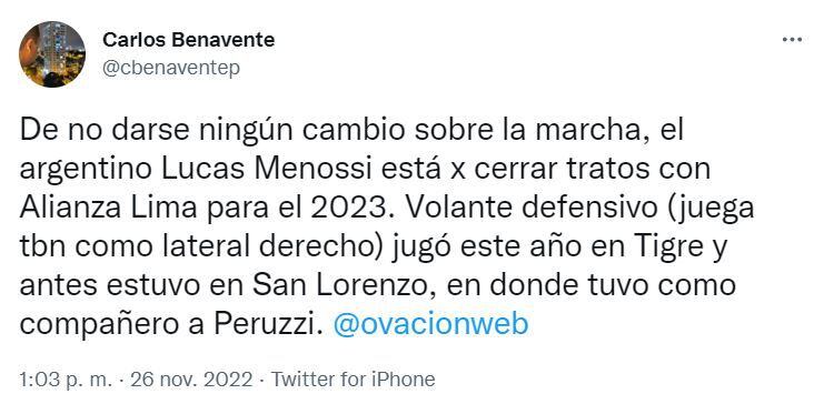 Menossi tendría todo arreglado con Alianza Lima, informa el periodista Carlos Benavente. (Twitter)