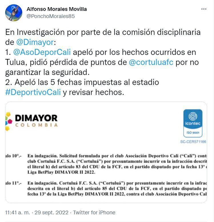 Publicación de Alfonso Morales confirmando la apelación del Deportivo Cali