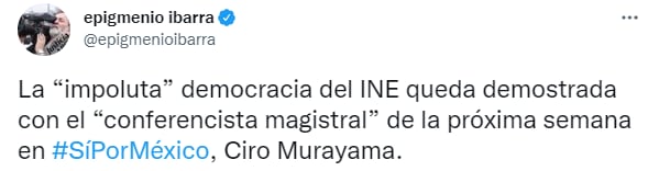 Ibarra  aseguró que la “impecable” democracia que defiende el órgano electoral quedó demostrada con la “magistral” charla (Foto: Twitter/@epigmenioibarra)