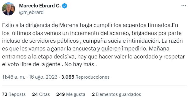 Marcelo Ebrard manda mensaje a Morena para que haga acatar las reglas debido al incremento del acarreo (Captura de pantalla / X)