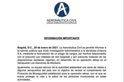Aerocivil anunció investigación administrativa contra Avianca por irregularidades en la operación de la aerolínea en Montería, Córdoba / (Aeronáutica Civil de Colombia).