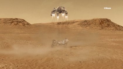 Los retrocohetes se encienden para depositar al rover en la superficie