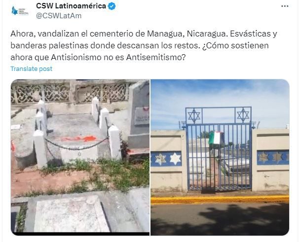 El tweet del organismo en el que se denuncia el acto de vandalismo antisemita