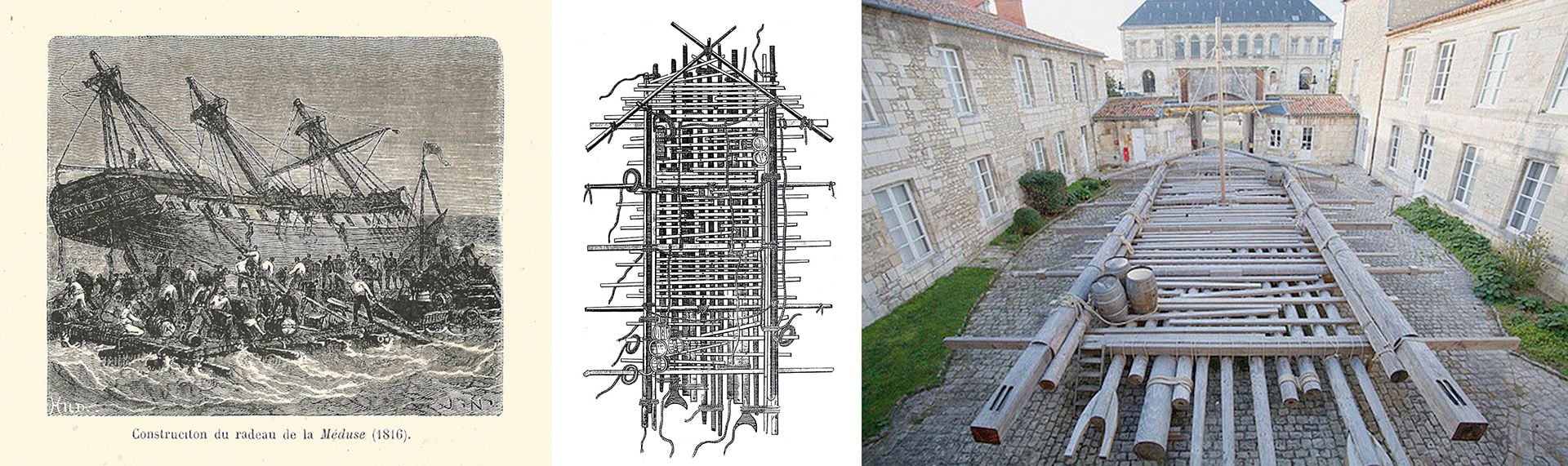 Litografía de la época sobre la construcción de la balsa, un modelo de cómo era desde arriba y una reconstrucción contemporánea 