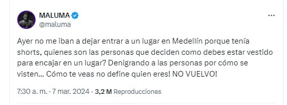 Maluma aseguró que en el restaurante denigran a las personas por su forma de vestir - crédito @maluma/X
