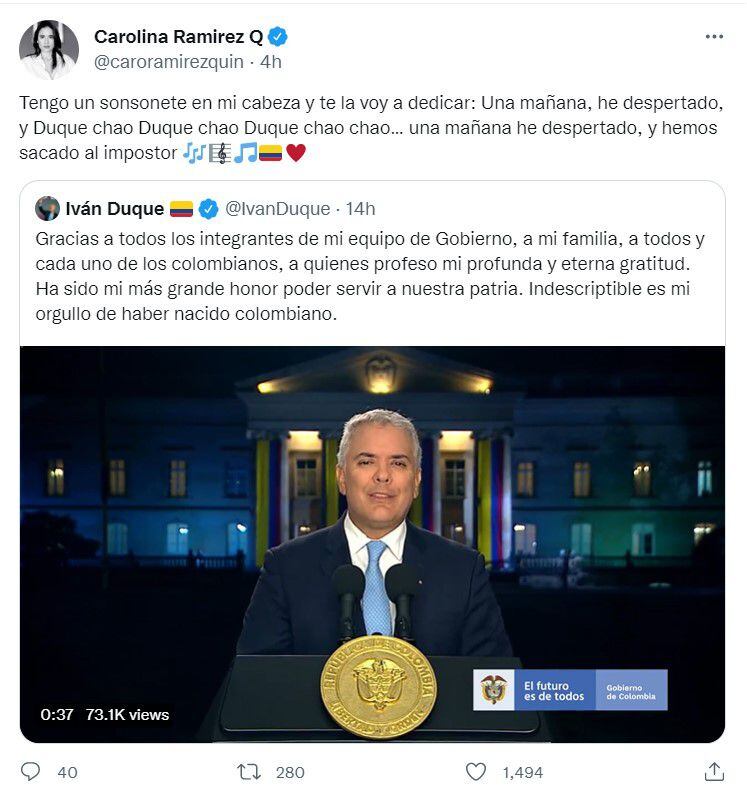 Carolina Ramírez reacciona al fin del gobierno de Iván Duque. Foto: Twitter