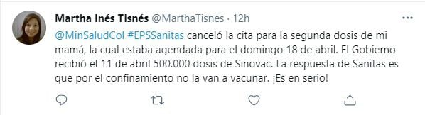 Denuncian en Twitter reagendamiento de la vacunación con segundas dosis de Sinovac. Foto: Twitter Martha Inés Tisnés.